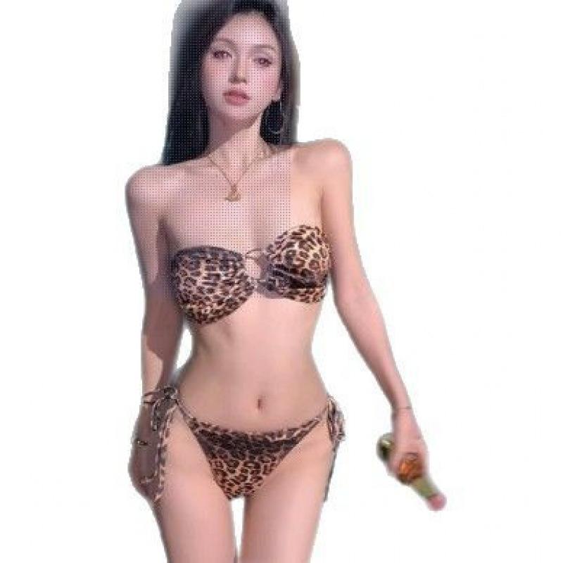 1011 new swimsuit, leopard print European and American sexy three-point halter strap ins wind bikini swimsuit bikini