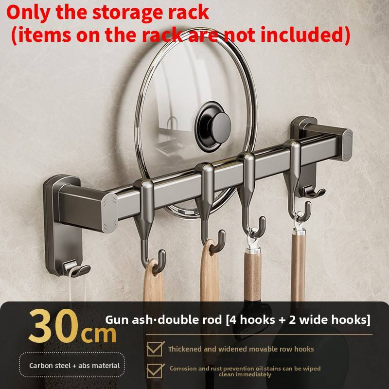 Kitchen Wall Mount Hooks And Double Rod Rack With Plastic And Carbon Steel For Home Organization