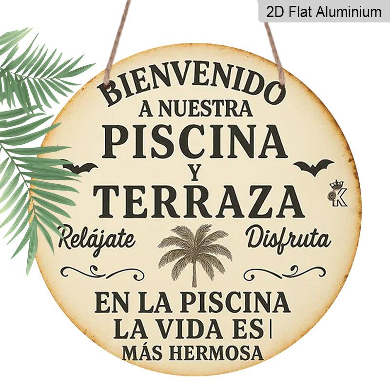 

2D Flat, 1pc Aluminum Round Outdoor Plaque with BIENVENIDO A NUESTRA PISCINA Y TERRAZA Text, Palm Trees, and Bat Patterns, 7.87x7.87inch, Ideal for 1pc