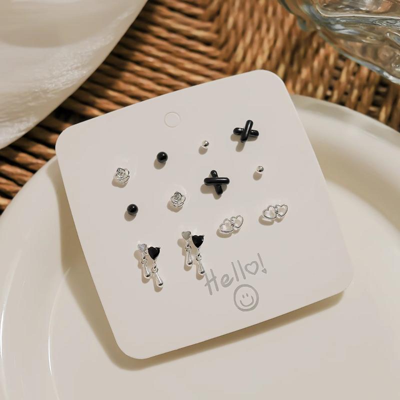 1Set Simple And Compact Silver Needle Earring Set Love Geometric Earring Combination Cute Sweet And Versatile Earrings