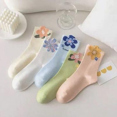 5 Paar Schüler Socken Blumenmuster Mittelhoch Warme Socken Atmungsaktiv Feuchtigkeitsableitend Herbst