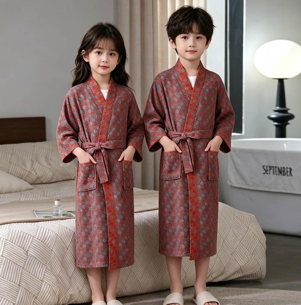 Children's Pure Cotton Double-Layer Gauze Jacquard Kimono Pajamas with Long Sleeves