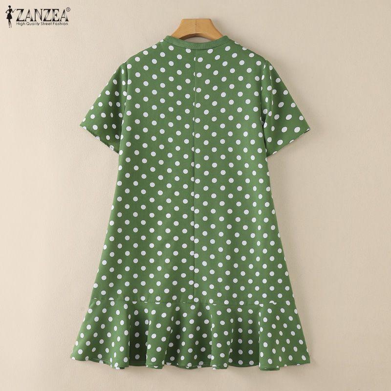 ZANZEA Women Casual Round Neck Short Sleeve Summer Polka Dot Print Dress