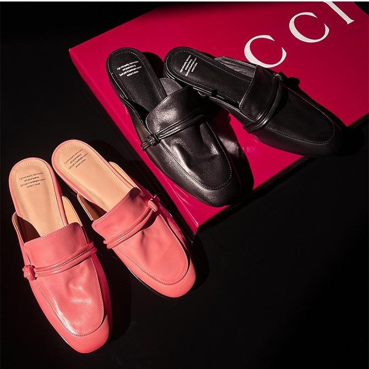 

Muller drag series~ 2025 first layer cowhide round head flat bottom bag head slippers wear high quality cool slippers women 39 рожевий