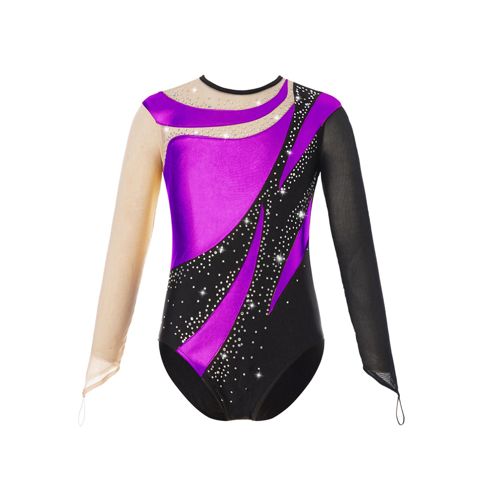 YONGHS Kinderen Meisjes Glanzend Gymnastiek Leotard Bodysuit Mesh Lange Mouw Sleutelgat Rug Metallic IJsschaatsen Jumpsuit 7-8 Years