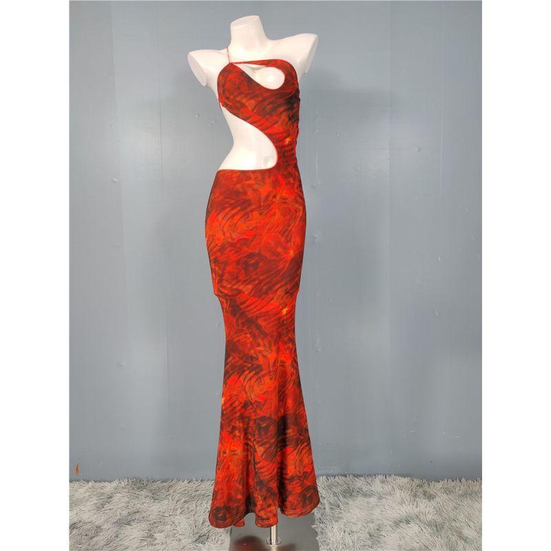 

Foreign Trade Order 2025 Summer New Mesh Elastic Exquisite Print Sexy Chest Leakage Design Aura Fishtail Dress Orange Black XXS
