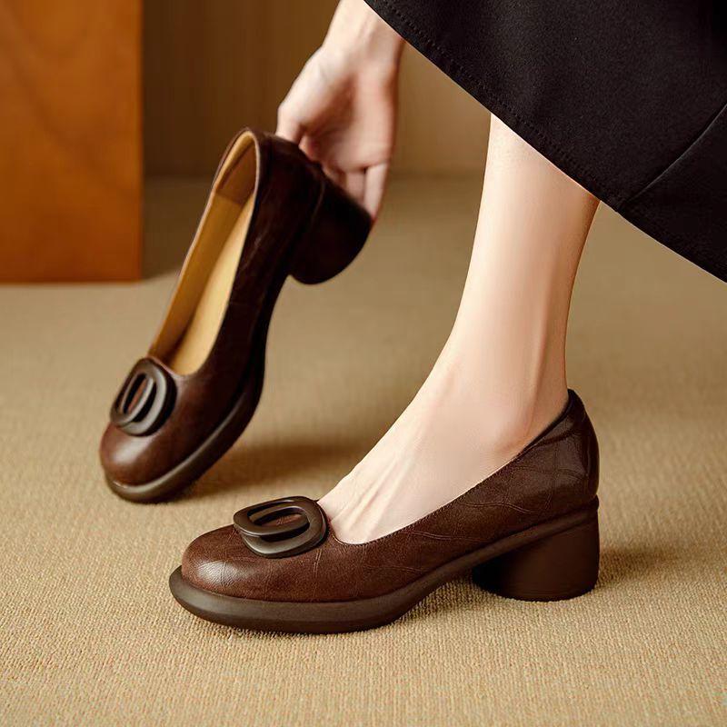 

Retro single shoes spring and autumn fashion versatile trend round head soft sole thick heel women retro style versatile soft sole single shoes comfo 35