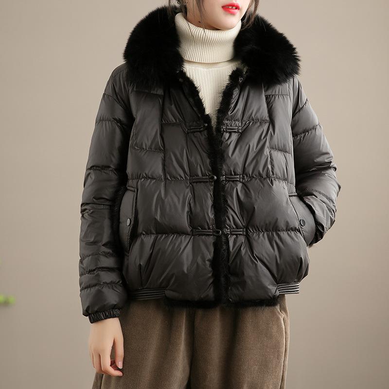 

Зимняя легкая куртка на пуговицах для женщин, белая утиная пуховая куртка, женская короткая теплая свободная верхняя одежда, женская винтажная парка S чёрный