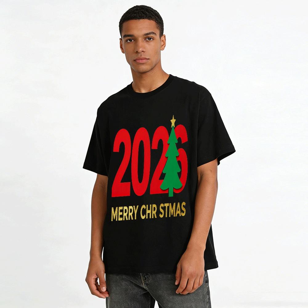 Merry Christmas 2026 Tree Print Casual Holiday Top Pure Cotton T-shirt