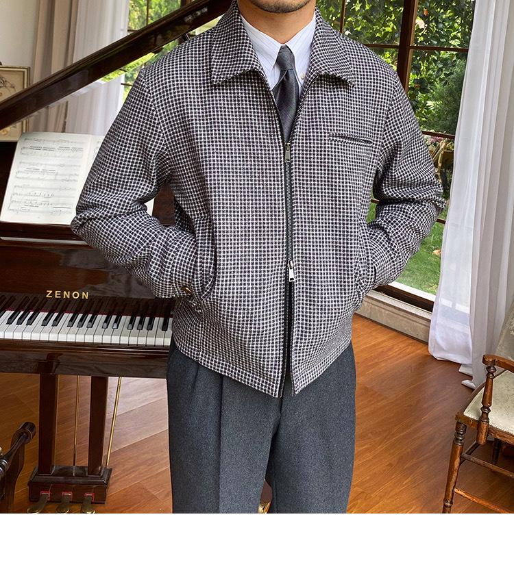 Men's Retro Houndstooth Zipper Jacket - Autumn/Winter Casual Waist-Cinching Lapel Design