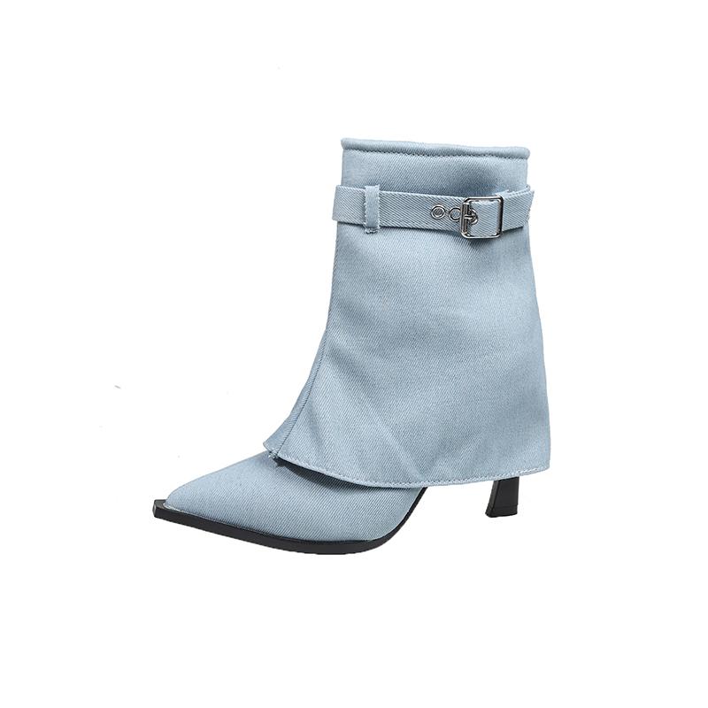 Winter New Thin Heel Cotton Boots Women's Pointed Side Zipper Belt Buckle Anti-slip Wear-resistant Short Boots