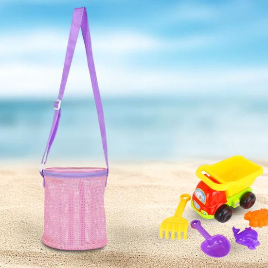 Netz-Strandtasche mit Schultergurt, großes Fassungsvermögen, Reißverschluss, Mehrzweck-Muschelhalter, Aufbewahrungseimer für Reisesandspielzeug