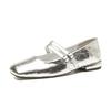 2305 Flat Shoes Women's Thick Heel New Square Head Word with Mary Jane Shoes Retro Light Mouth Low Heel Silver Single Shoes