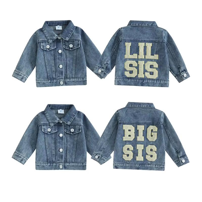 FOCUSNORM 0-5Y Toddler Kids Girls Boys Sister/Brother Denim Jacket Long Sleeve Back Letter Embroidery Single Breasted Coats LIL  0-3M
