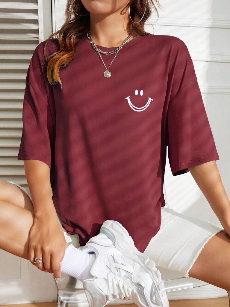 Happy Expression Printed Womens Cotton Short Sleeve Street Hip Hop Tee Clothing Allmath Breathable Tops Crewneck Woman TShirts