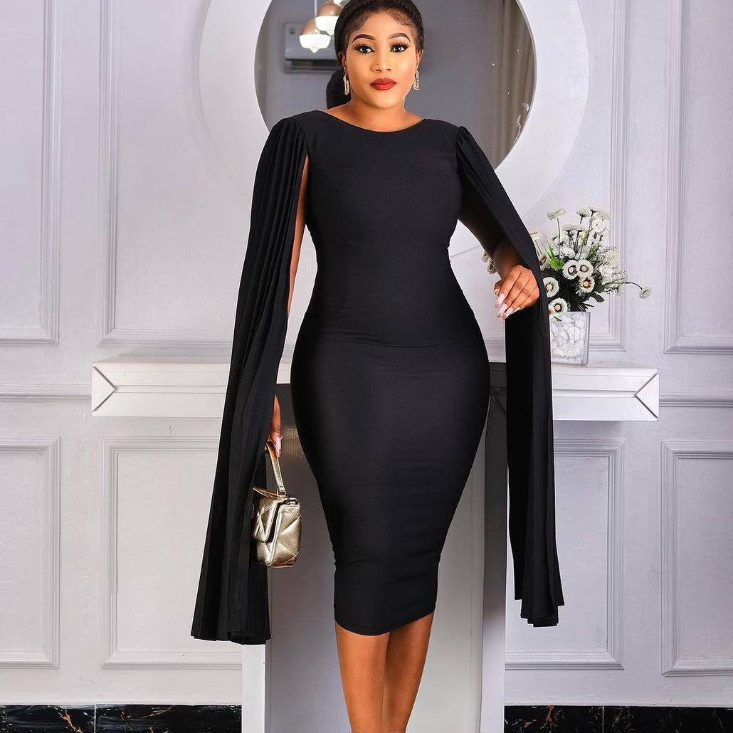 

Женская мода весна осень однотонный принт с длинным рукавом и круглым вырезом с высокой талией повседневные платья L чёрный