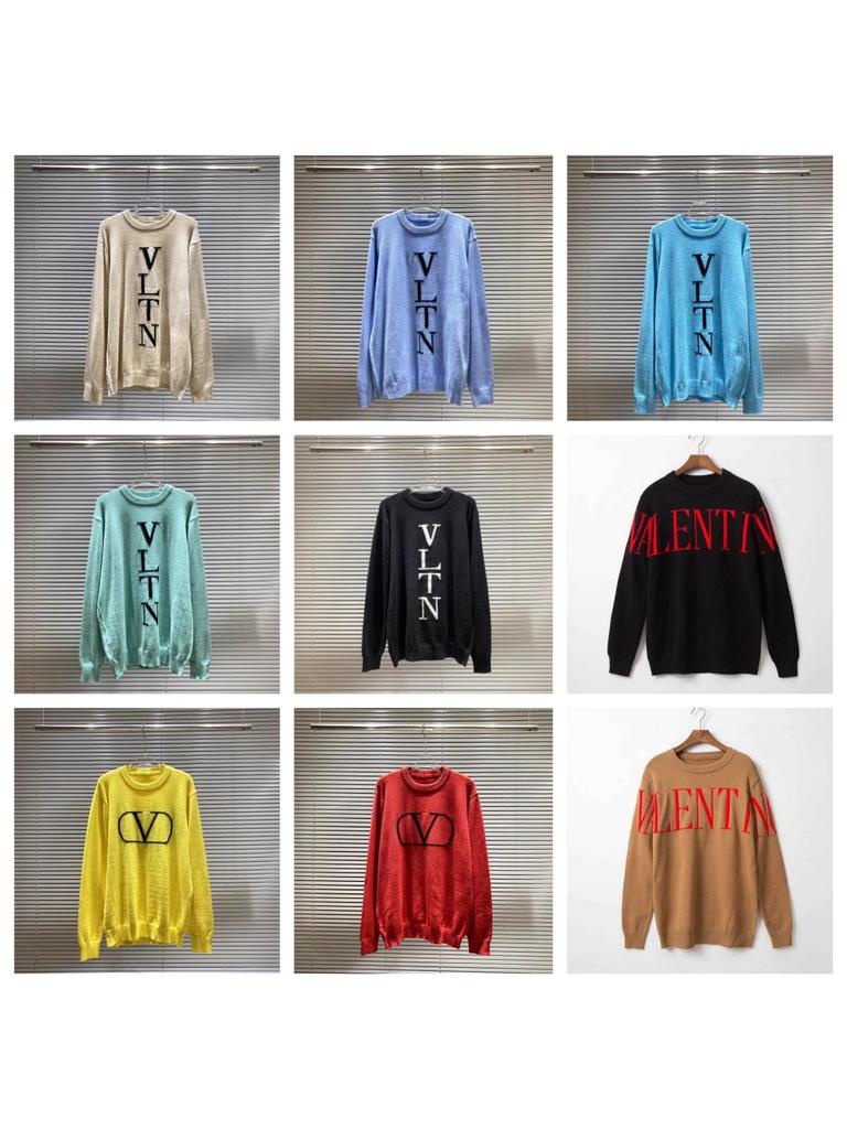 VT Valentino Unisex pletený svetr: 25 stylů, volný střih, kulatý výstřih, žakárové logo s písmenem na hrudi.