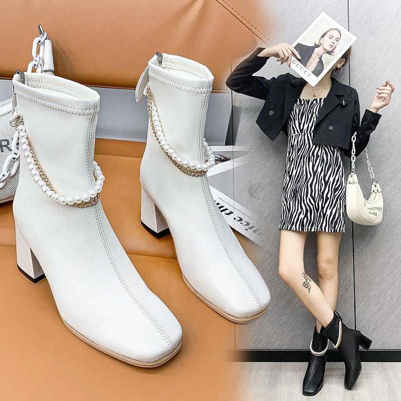 Short Boots Women Spring And Autumn Single Boots New Pointed Thick Heel Stretch Boots Fashion Pearl Riding Boots