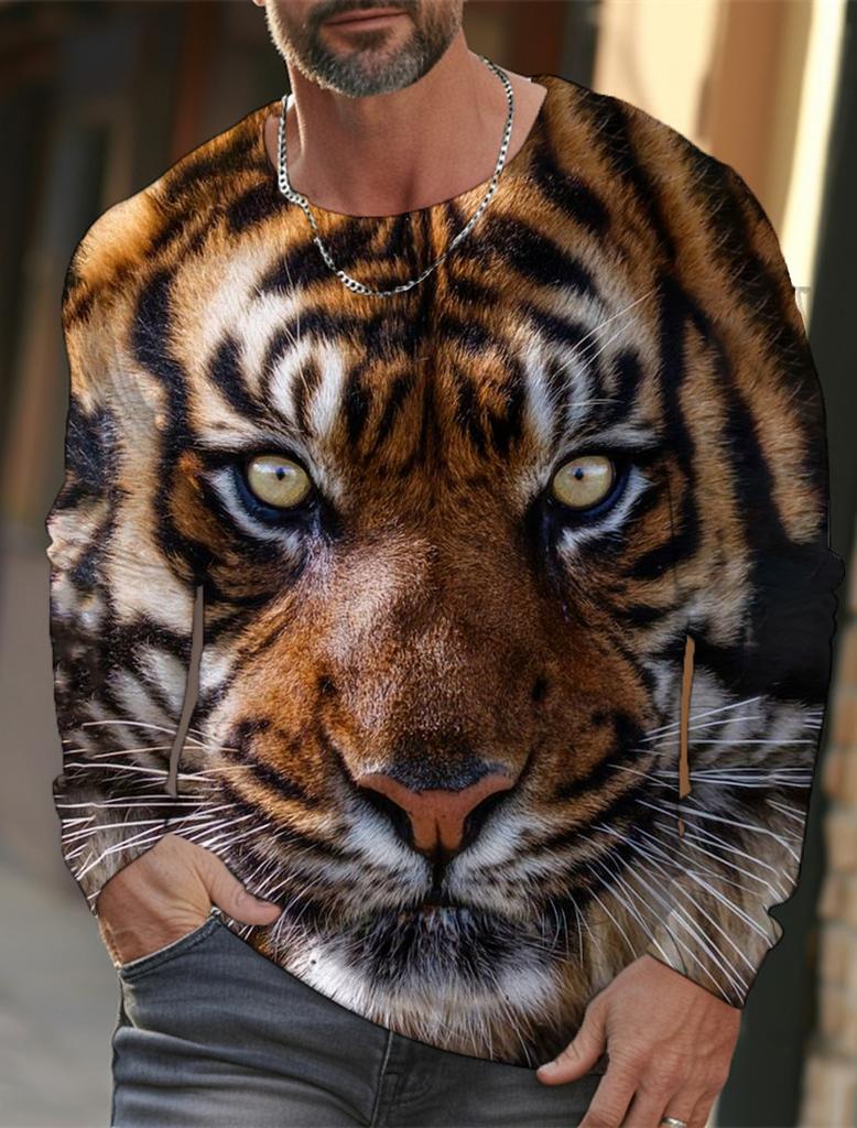Męski T-shirt z długim rękawem z grafiką tygrysa dla mężczyzn Odzież Casualowy Top Koszulka Moda Zwierzę 3D Pełny Nadruk Streetwear