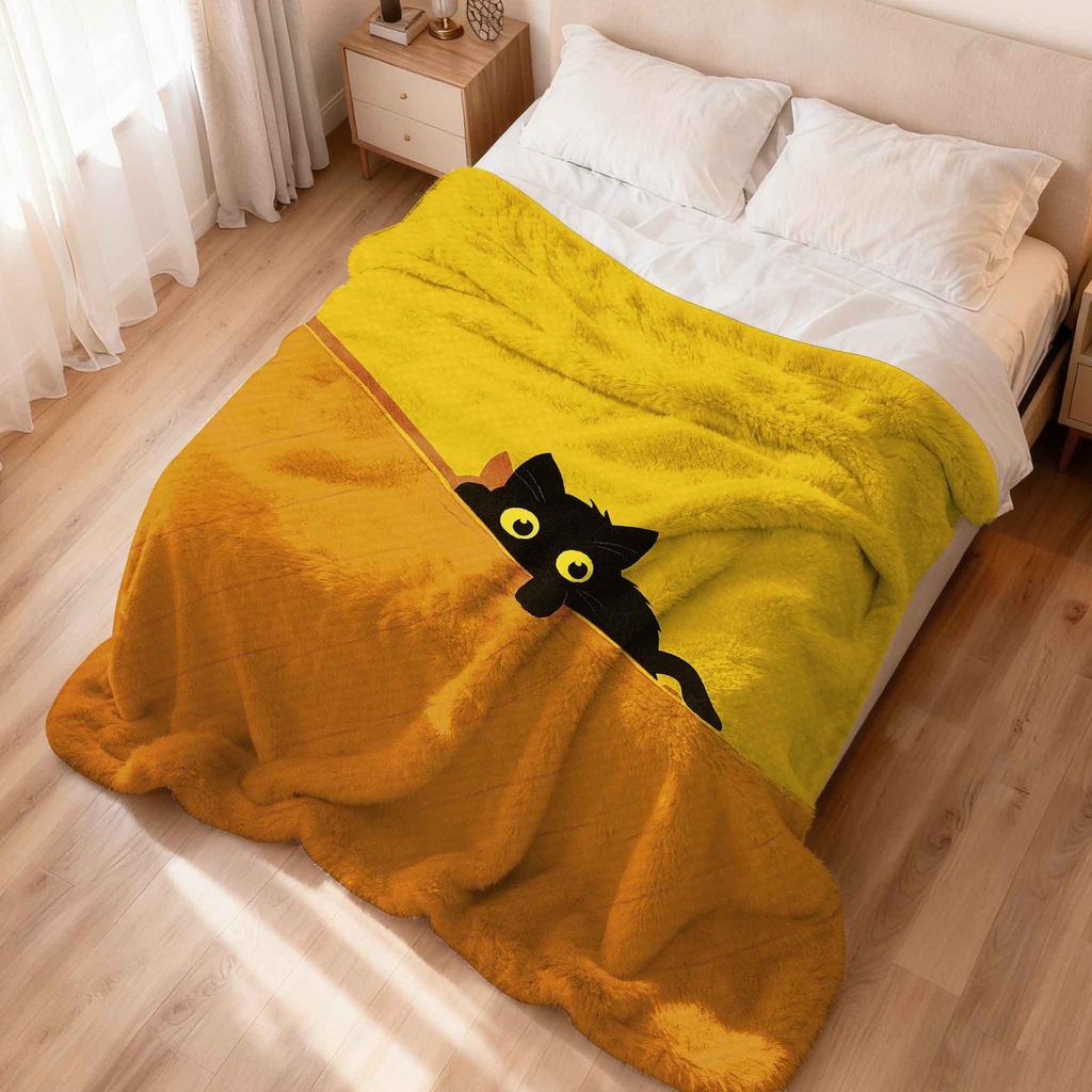 A cat with a yellow background Flannel printed blanket suitable for all seasons suitable for living room office sofa and travel