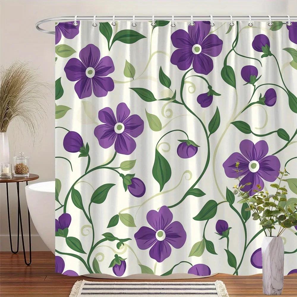Floral Shower Curtain - Purple Flowers on Cream, 12 Hooks, Durable Polyester, Machine Washable, Elegant Bath Decor