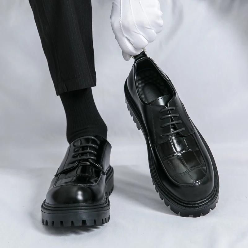 Fashion Spring New Thick Soled Lace Up Oxford Shoes for Men Designer Leather Shoes Waterproof Platform Business Formal Round Toe Shoes