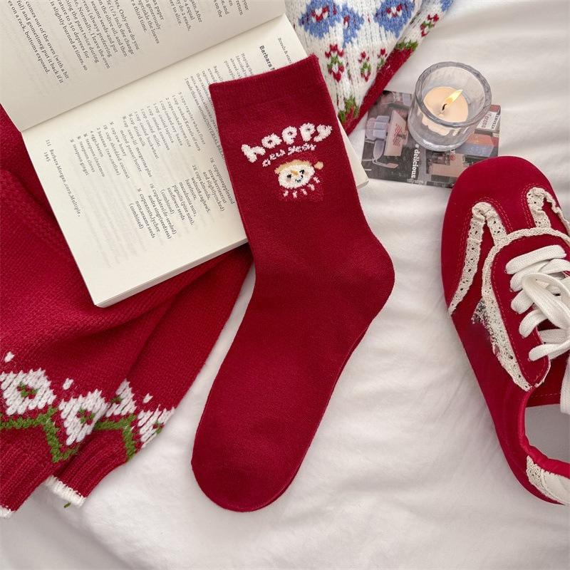 Woolen Socks for Women, Thick and Warm Mid-calf Socks for Autumn and Winter, Little Snowman Cartoon Versatile Long Socks