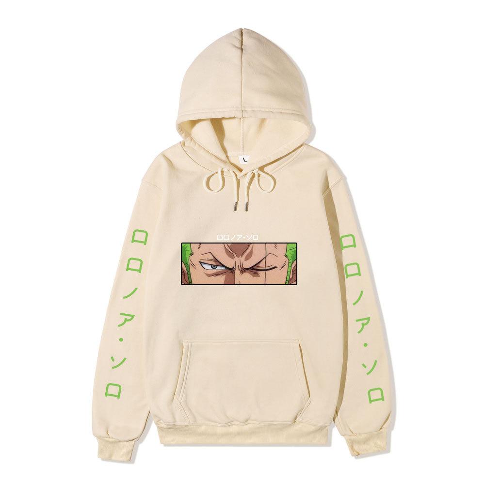 One Piece Roronoa Zoro Hoodie, Double Side Sleeve Japanese Text Printed Pullover Hooded Sweatshirt Anime Long Sleeve Streetwear Hoodie