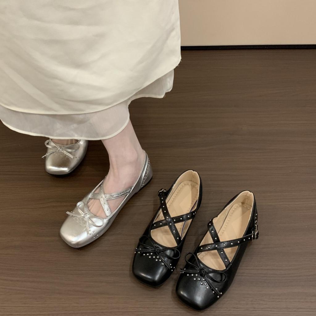 French Flat-soled Silver Single Shoes Women's 2025 New Summer Skirt Mary Jane Small Leather Shoes Ballet Beanie Shoes