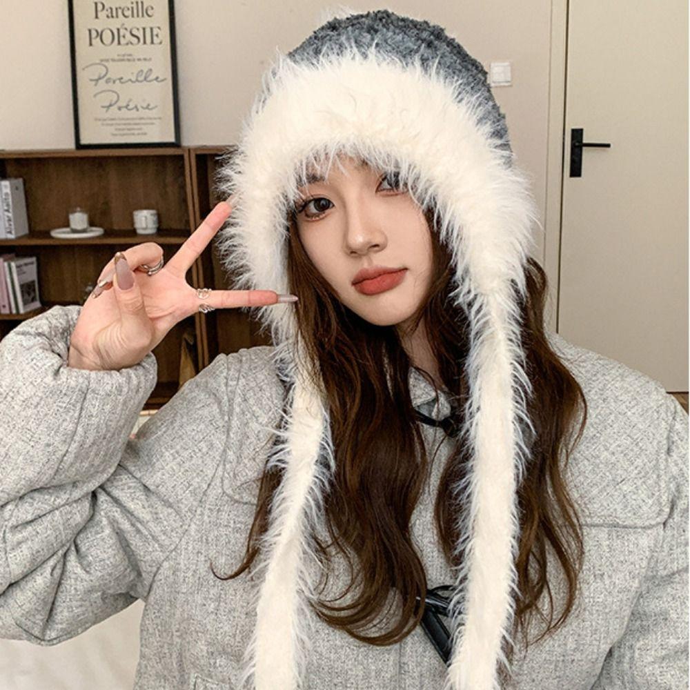 

Thicken Contrasting Color Plush Hat Soft Sweet Knitted Pullover Cap Women синий