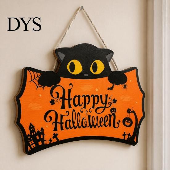 Holiday Home Wall Decorations Halloween Wooden Door Hanging Plaque, Printed Black Cat Pumpkin Castle Spider Web Front Autumn Festival Ornaments Sign,