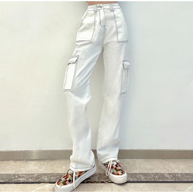 Women Cargo Pants High Waist Solid Color Loose Multi Pockets Full Length Soft Breathable Casual Streetwear Lady Denim Trousers
