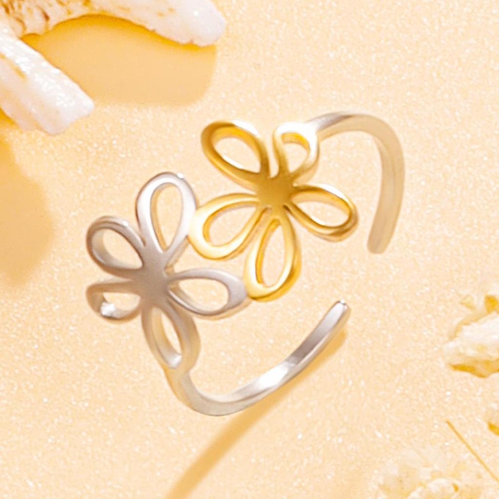 Adjustable Stainless Steel Sweet Flower Open Ring: Elegant Forest Style