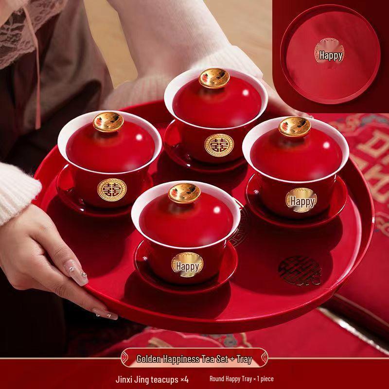 Red Festive Gaiwan and Chopsticks Wedding Tea Set - Pair of Bowls for Sons and Grandsons