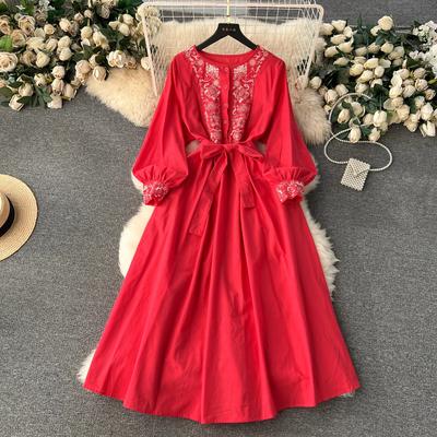 Vestido ajustado con cuello redondo, manga abombada bordada, Vestidos con botones, estilo étnico, Vestidos de colores sólidos con pliegues de primavera, corte en A
