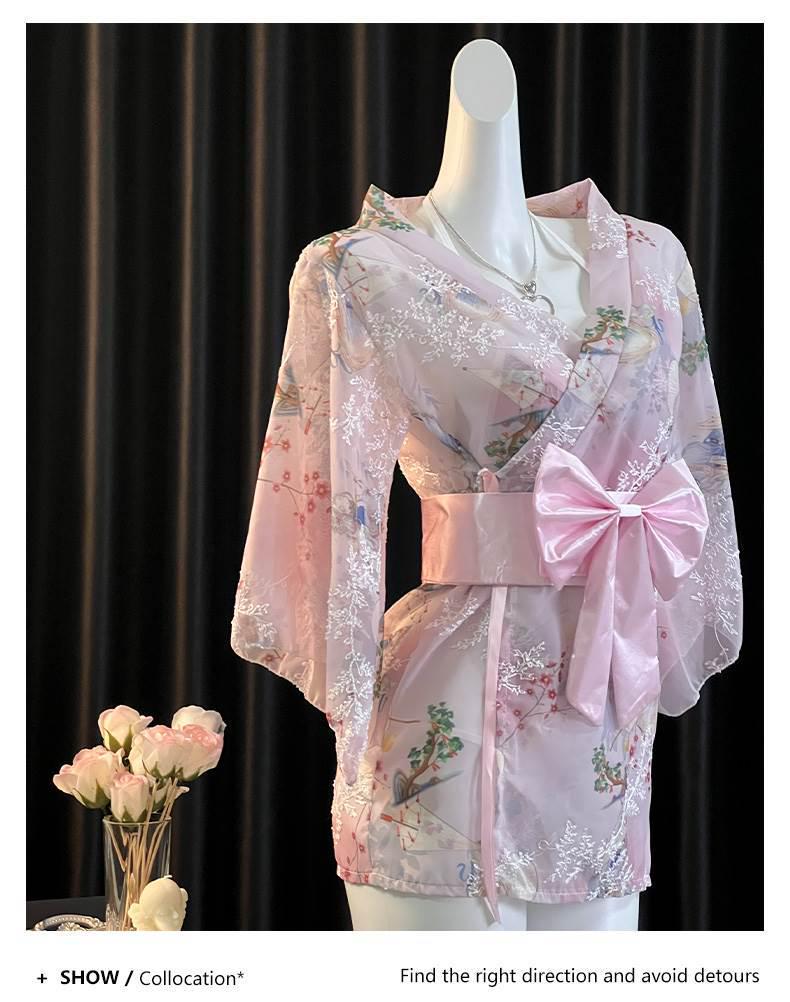 Elegant Japanese Chiffon Kimono Nightgown with Bow Embroidery