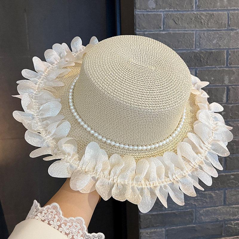 Elegant lace straw hat women's summer outdoor wide brim sunscreen sunshade vacation sun hat new pearl top hat