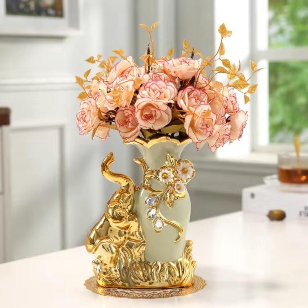 European Style Elephant Vase Modern Flower Container Flower Holder Ceramic Gold Vase  Dining Table