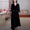Autumn Gold Velvet Long Sleeve Dress - Slimming Mid-Length Over-the-Knee Skirt