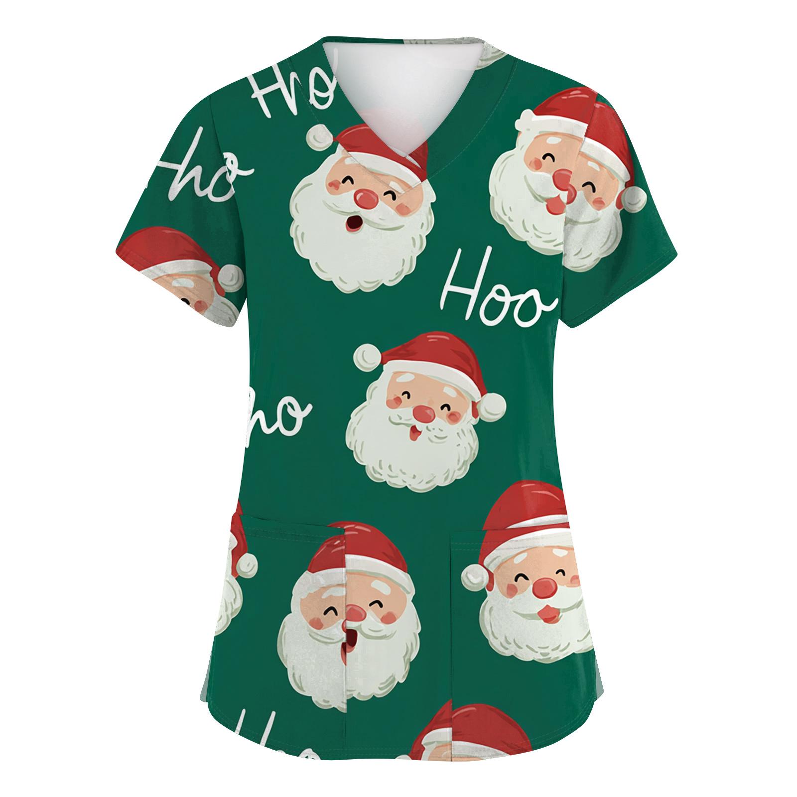 

Женские модные топы с коротким рукавом, рождественским принтом, V-образным вырезом, карманом, рабочая одежда XL