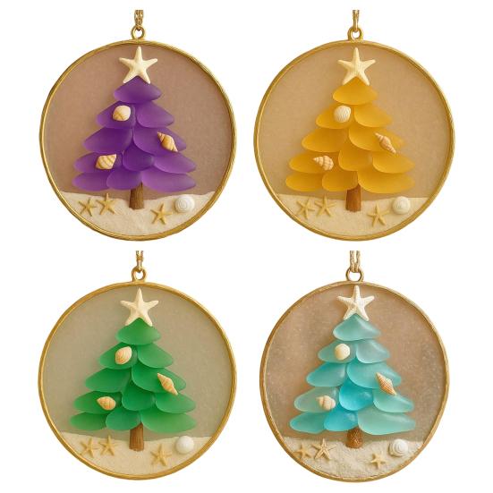 2/4Pcs Christmas Tree Ornament Round Shape Handmade Beach Decoration with Starfish Shell Decor Car Hanging Decoration