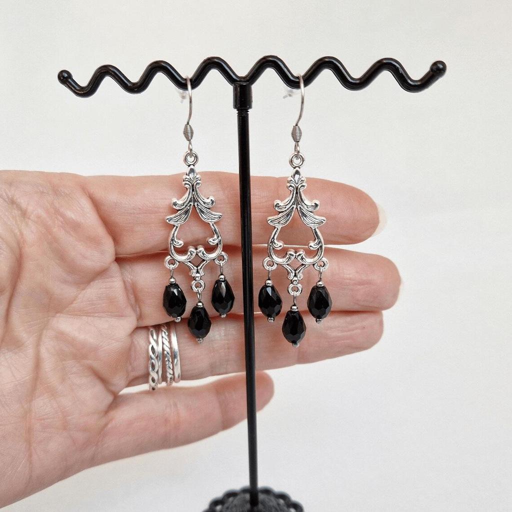 Black Crystal Teardrop Tassel Earrings - Retro Victorian Gothic Baroque Style