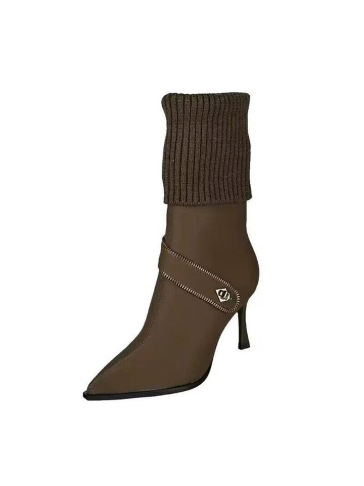 Sexy metal belt buckle pointed high heels but knee boots women's new knitted elastic boots for autumn and winter 2025