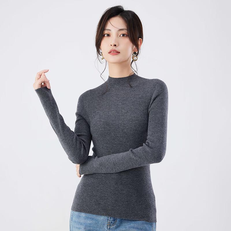 Women's 100% Pure Wool Semi-High Neck Slim-Fit Long Sleeve Sweater