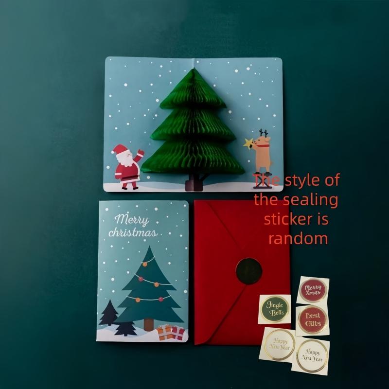 2 STÜCK/SET 3D Pop-Up Weihnachtskarten-Set mit Umschlag und Briefmarkenaufklebern - Weihnachtsmann Geburtstag Einfache Segenskarten Weihnachtskarten