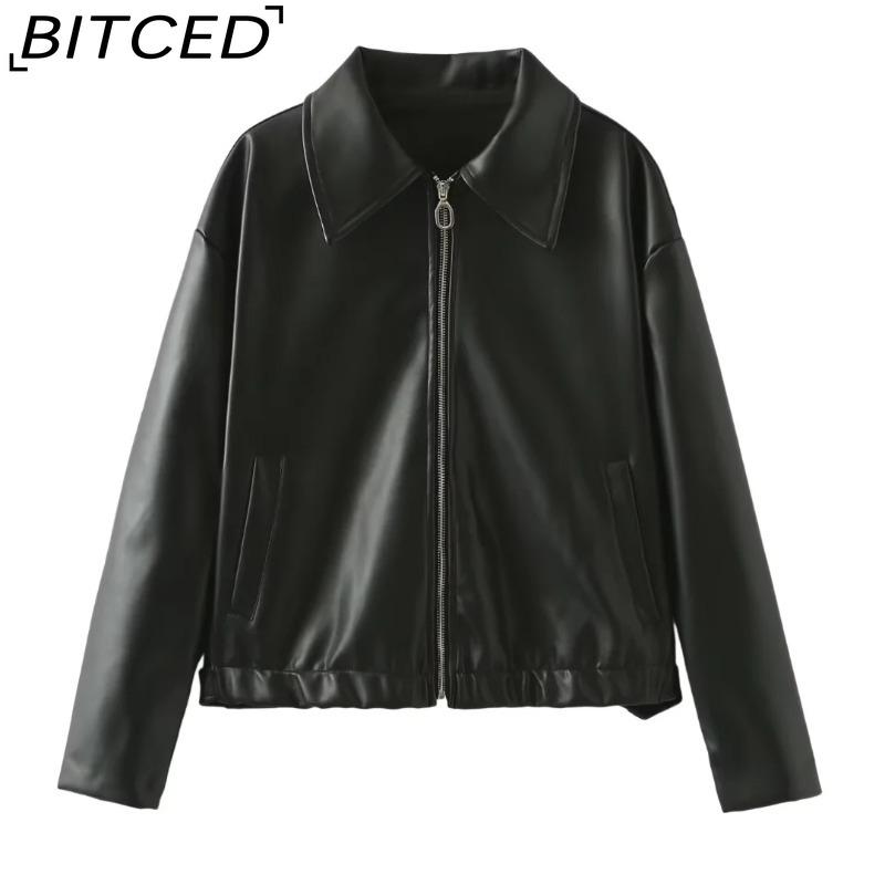 

BITCED Женская кожаная куртка Кожаное пальто Повседневный лацкан В стиле ретро Свободный топ L чёрный