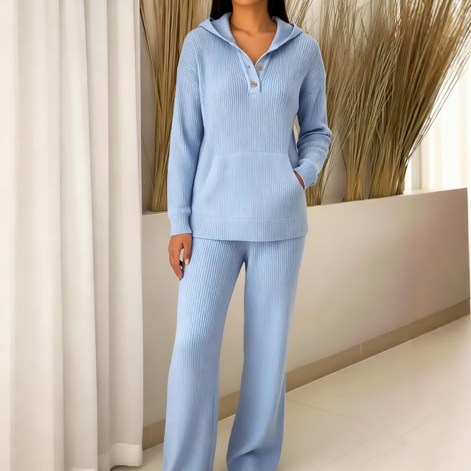 

Женский модный однотонный пуловер с капюшоном и длинными рукавами, повседневные брюки с эластичной талией, комплект из двух предметов XL синий