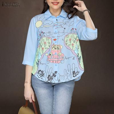 Damen Umlegekragen 3/4 Ärmel Locker Print Bluse