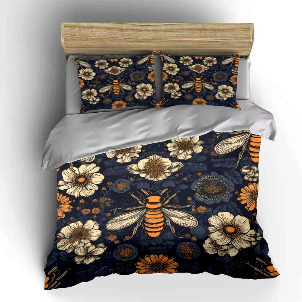 Bee and Floral Home Decor Set Soft Comfortable Duvet Cover Bedding Set Included 1*Duvet Cover & 2*Pillowcases Gift