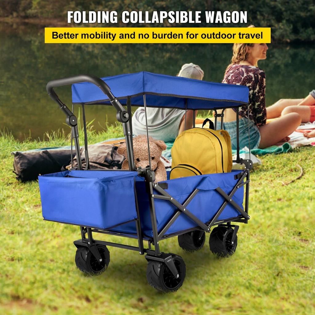 Collapsible Wagon Cart, Foldable Wagon Cart w/ Removable Canopy 600D Oxford Cloth, Collapsible Wagon Oversized Wheels Portable Folding Wagon
